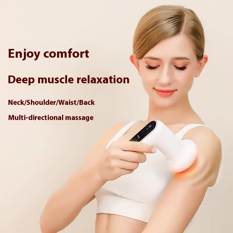 Serene woman enjoying a deep muscle relaxation session on neck and shoulder using Cosvu AuraSculpt multi-directional body comfort device.