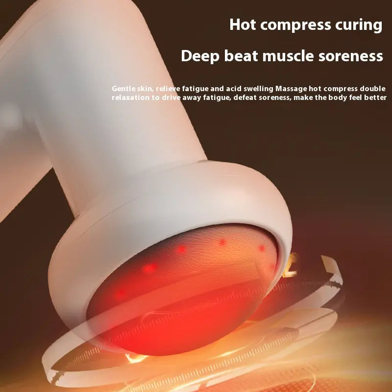 Detailed shot of Cosvu AuraSculpt activated hot compress massage head emitting soothing heat therapy to drive away fatigue and muscle tightness.