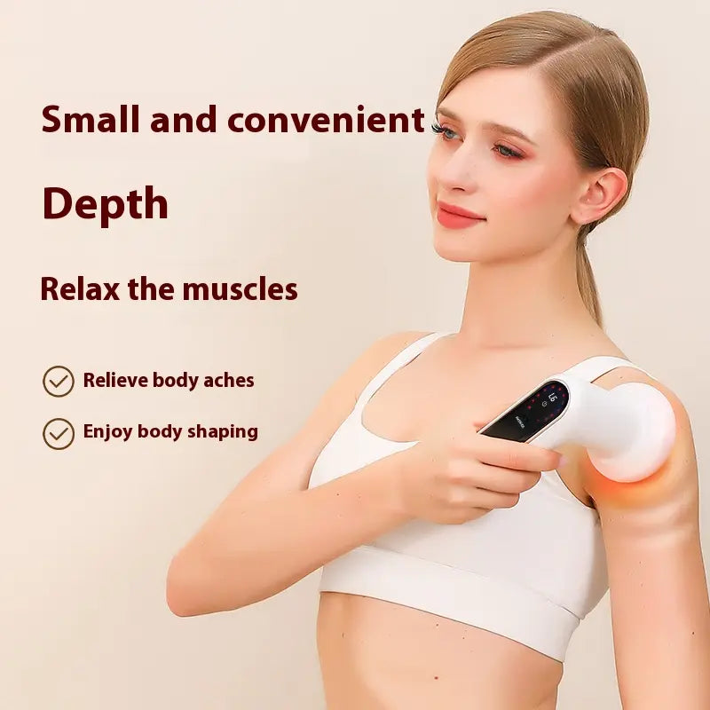 A woman using Cosvu AuraSculpt compact relaxation device with gentle heat on her shoulder to relieve tight muscles and body aches at home.
