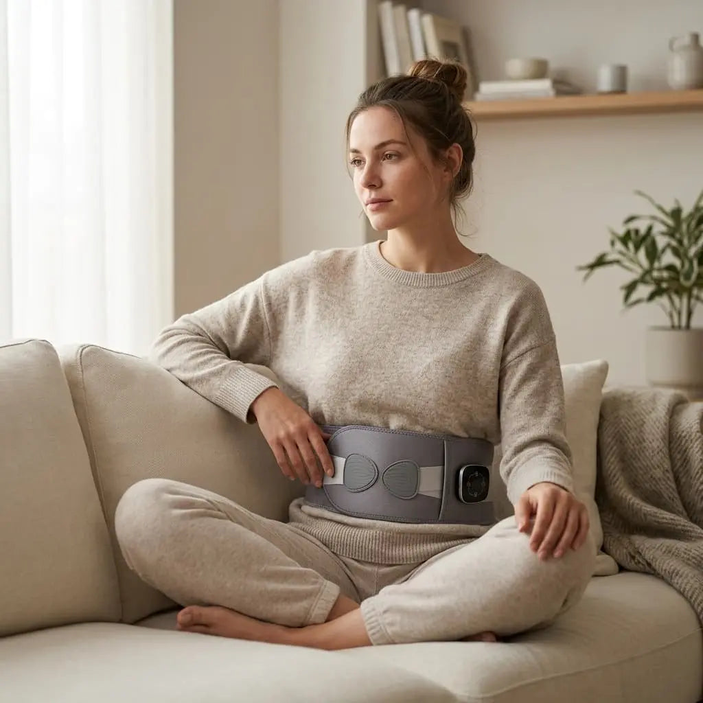 American woman relaxing with back support in a modern living room