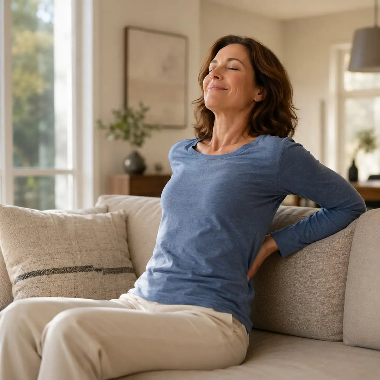 American woman stretching her lower back after a long day of sitting at home