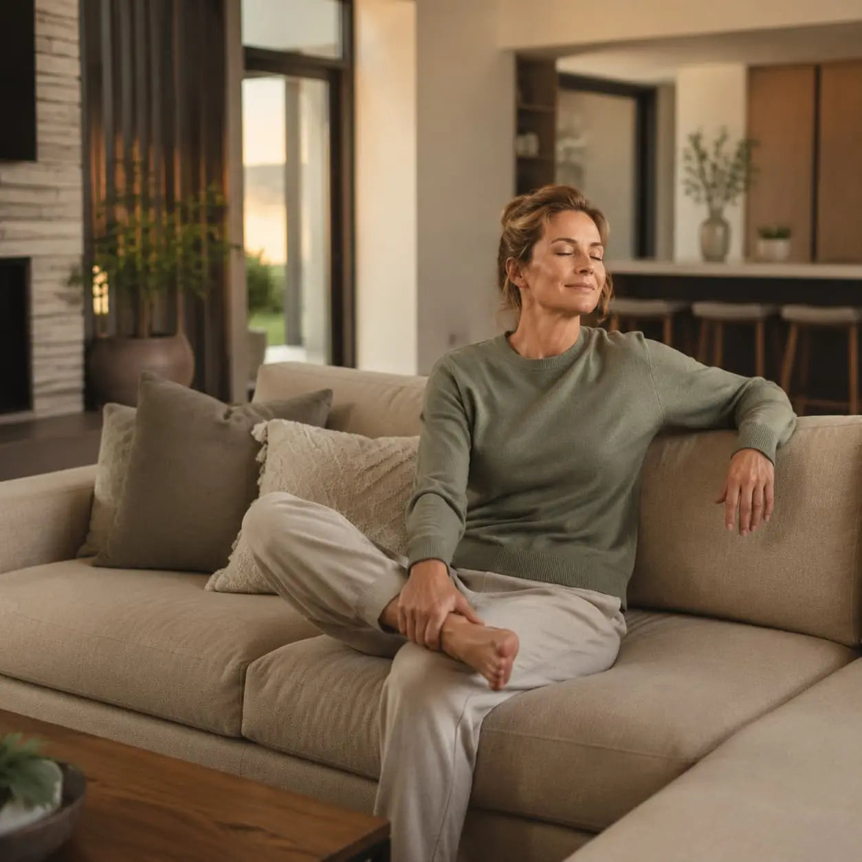 American woman relaxing comfortably at home in a cozy living room