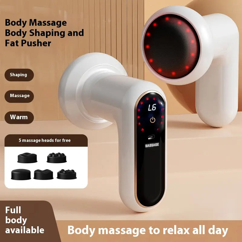 Cosvu AuraSculpt at-home body comfort system featuring 5 free massage heads, multi-directional modes, gentle heat and vibration for full body relaxation.