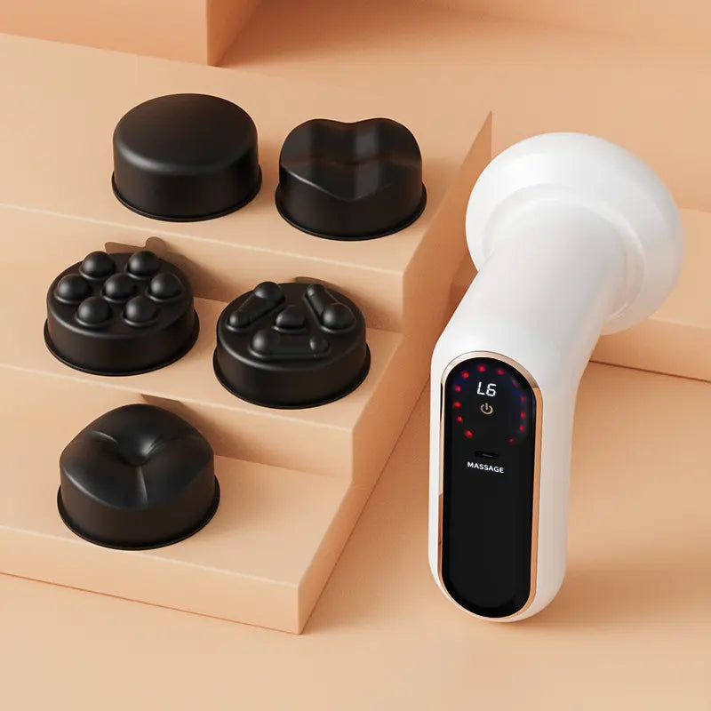 Cosvu AuraSculpt white body massager with 5 interchangeable black massage heads displayed on premium beige tiered platforms, showing full device kit.