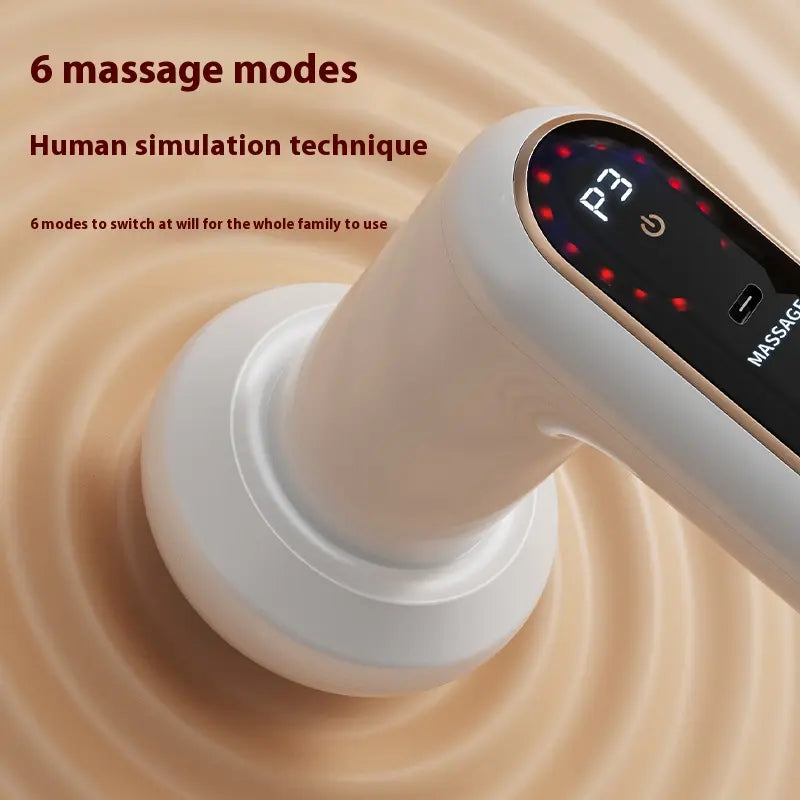 Close-up of Cosvu AuraSculpt massager digital display showing simulation technique modes, adjustable speed, and fine vibration technology.