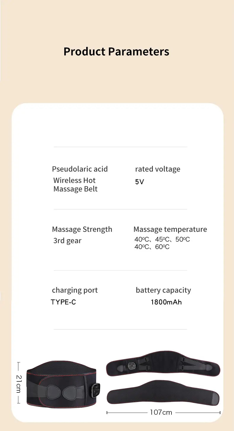 Overview of Cosvu™ Heating & Massage Belt features including heat, vibration, and timer control