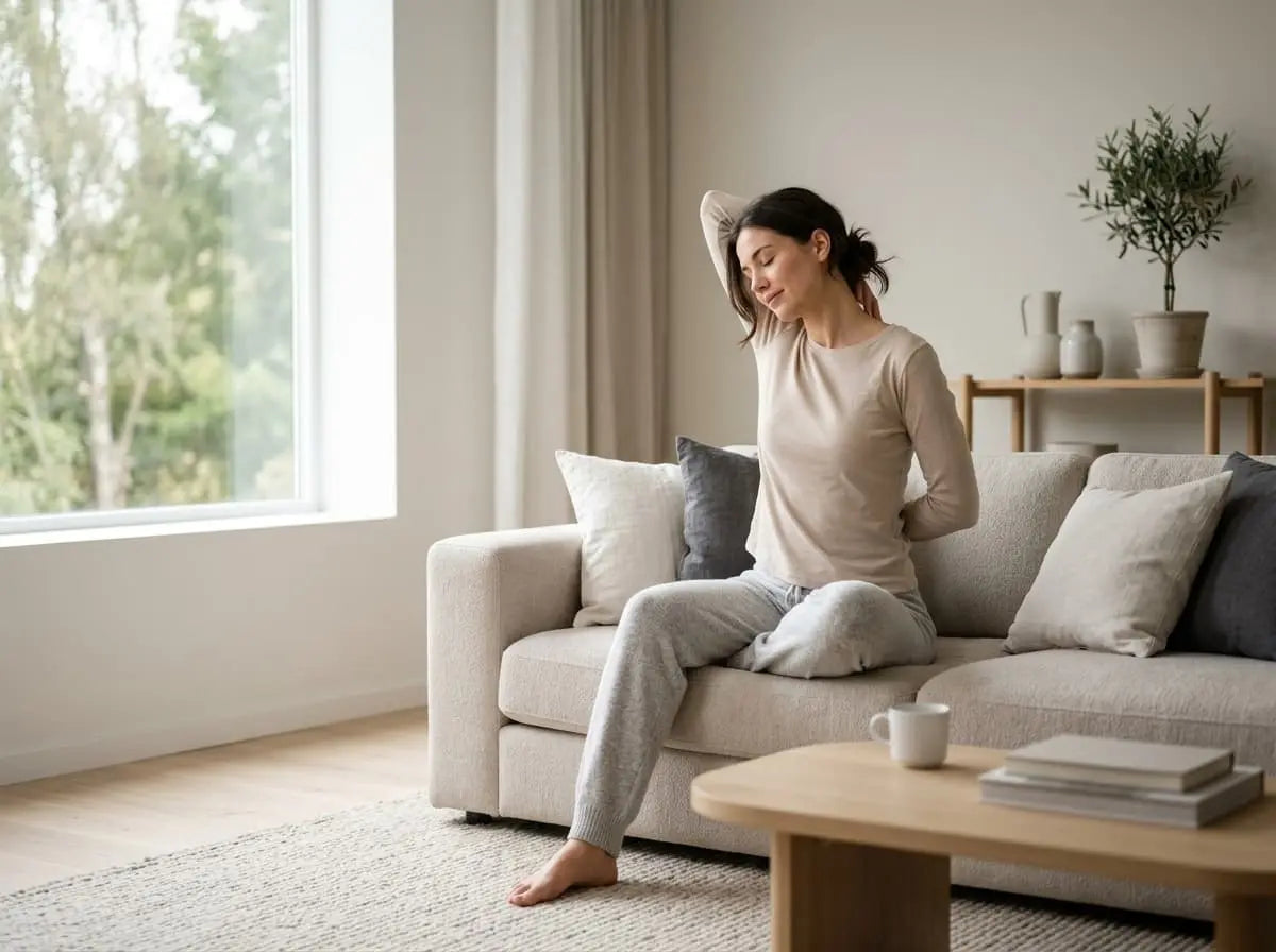 American woman relaxing at home in a modern living room, representing everyday comfort and recovery