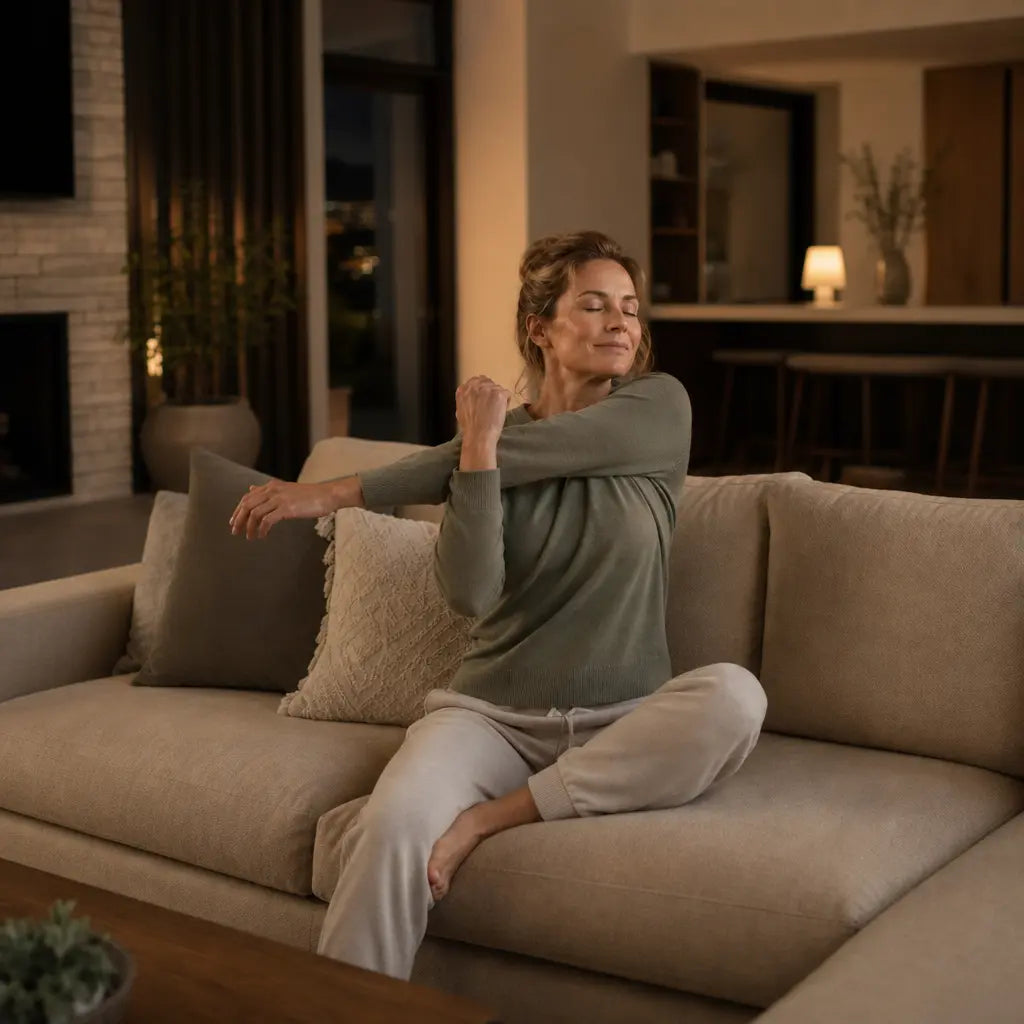 American woman enjoying a peaceful evening recovery routine at home