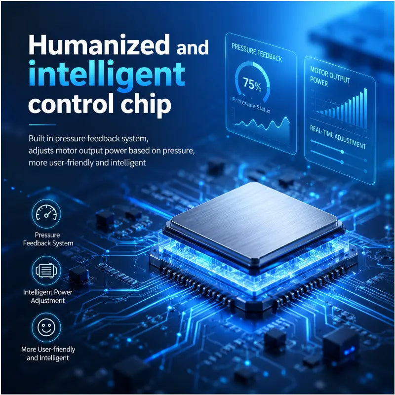 A close-up of a blue glowing electronic circuit board and intelligent control chip with a built-in pressure feedback system.