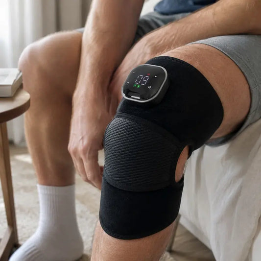 Man wearing knee brace for knee pain relief and stability during work shift and walking