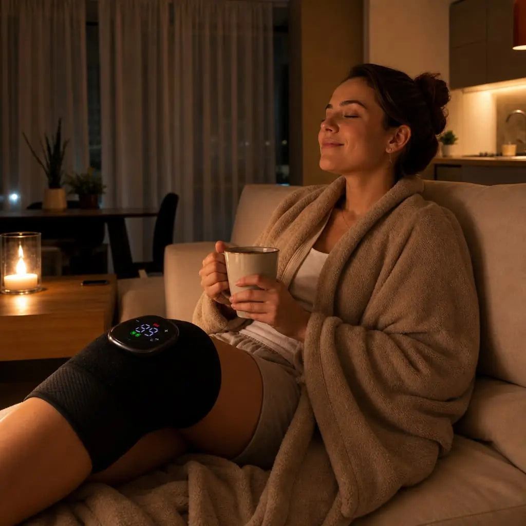 American woman using knee support for daily comfort and mobility at home