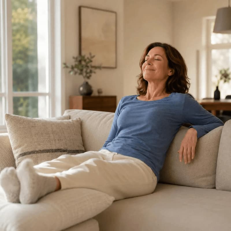 American woman resting her legs at home after standing or walking all day