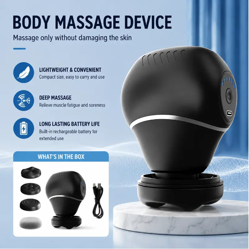 Portable black body massage device showing product list including 4 interchangeable massage heads and a USB charging cable.
