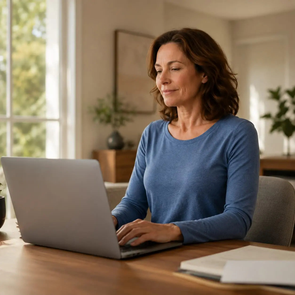 American woman maintaining comfortable posture while working in a home office