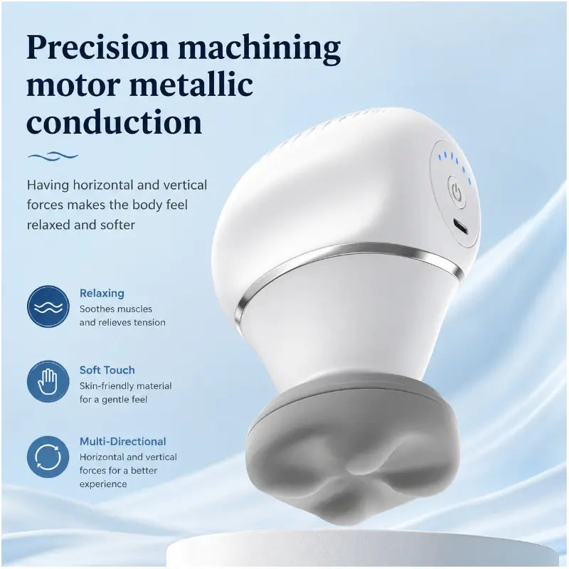 White body massage device displaying precision machining motor technology for horizontal and vertical force conduction.